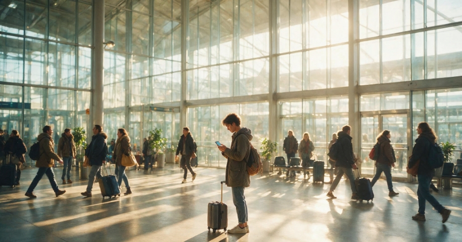 Traveller with a suitcase checking a smartphone in a sunlit airport terminal