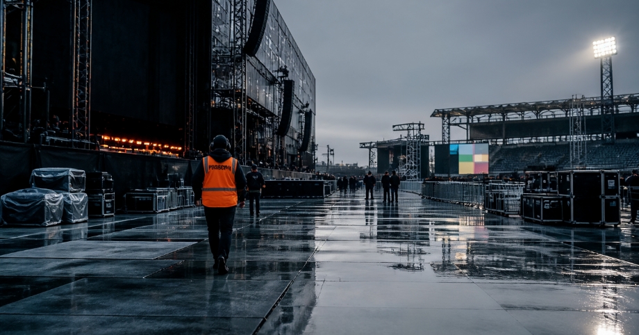 Event worker in a high-visibility vest walking across a rain-soaked stadium backstage area