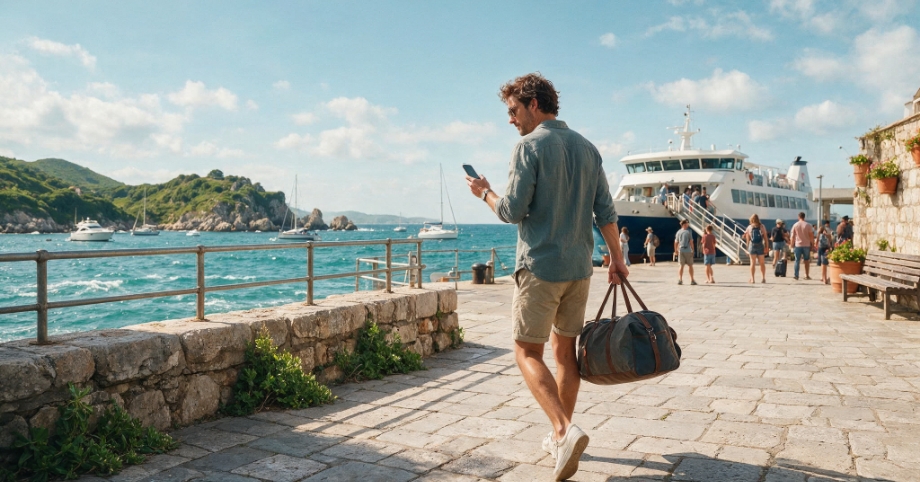 Traveller with a holdall checking a smartphone on a harbour promenade next to a ferry