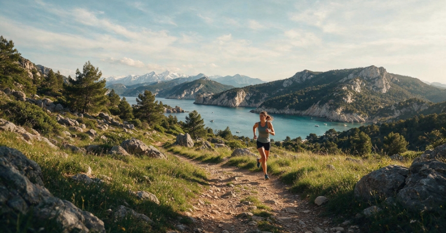Woman trail running on a mountain path above a turquoise bay