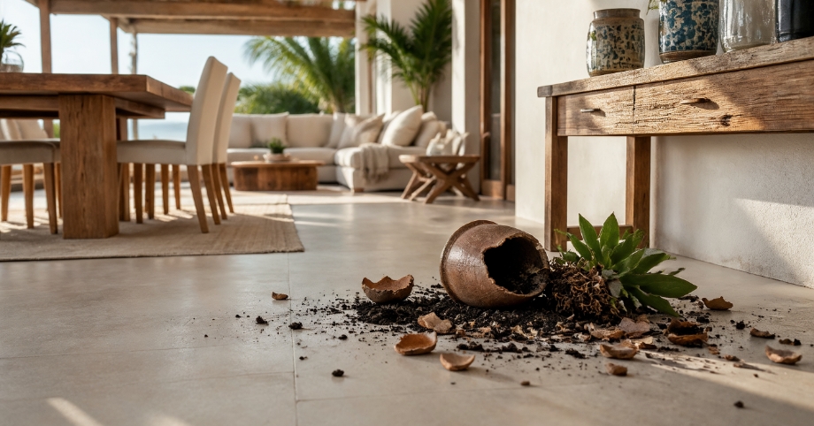Broken plant pot and scattered soil on the floor of a holiday rental living room