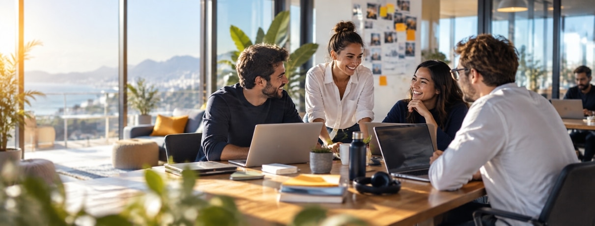 Four colleagues talking around a table with open laptops in a bright office overlooking the sea