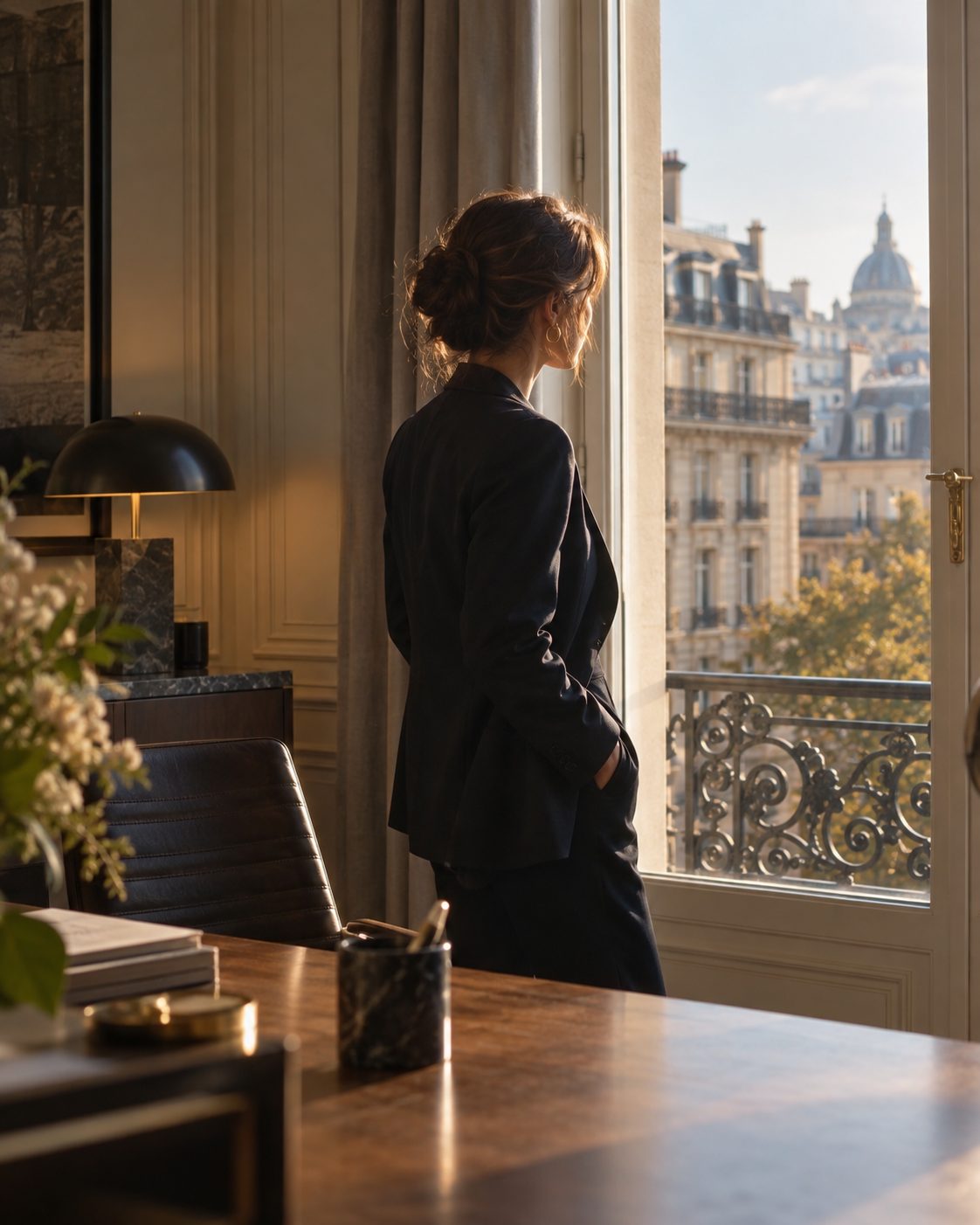 Woman in a dark suit standing by an open window of a Parisian office, looking out over the rooftops