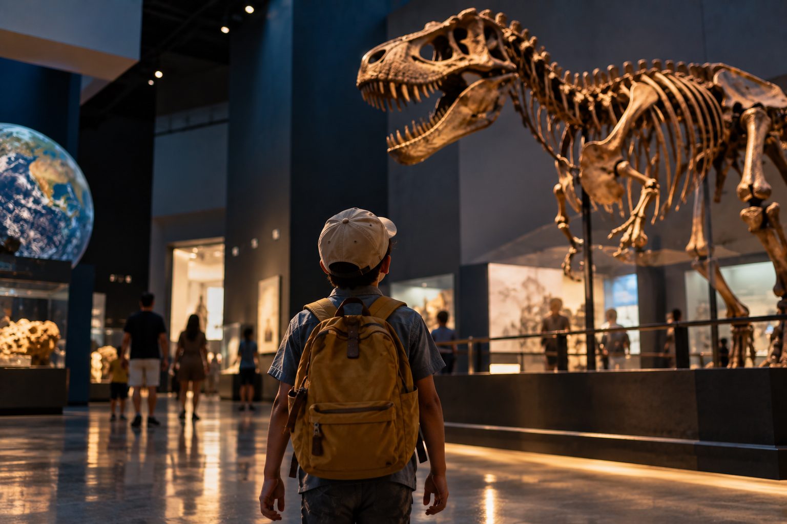 Child with a backpack looking up at a T. rex skeleton in a museum