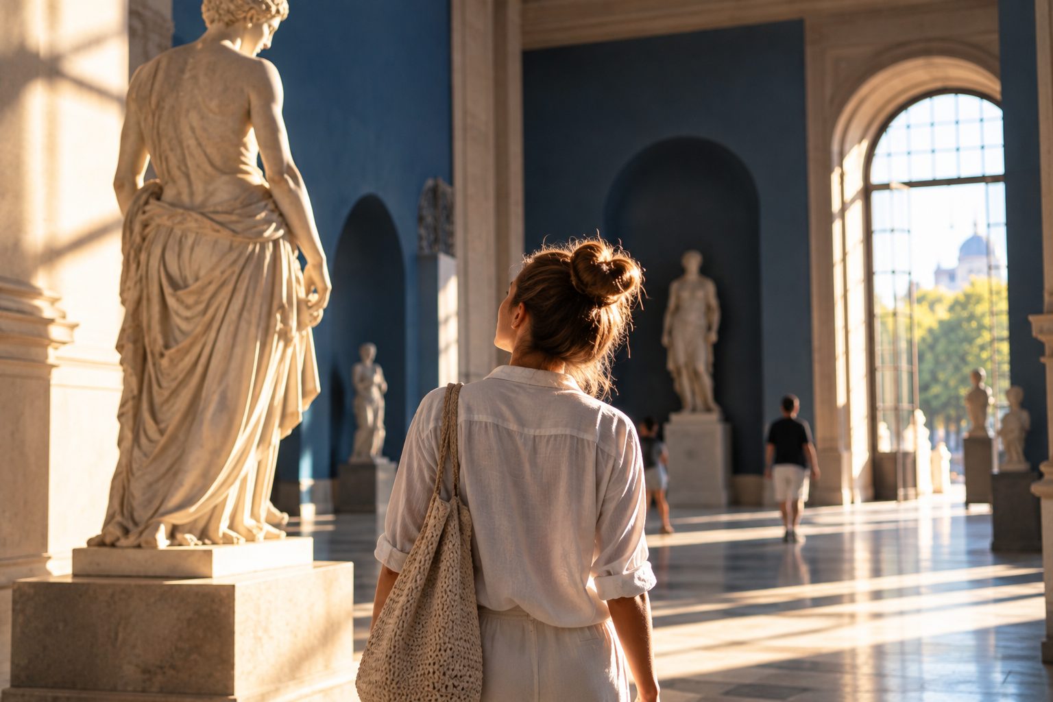 Visitor walking through a sunlit museum gallery lined with marble statues