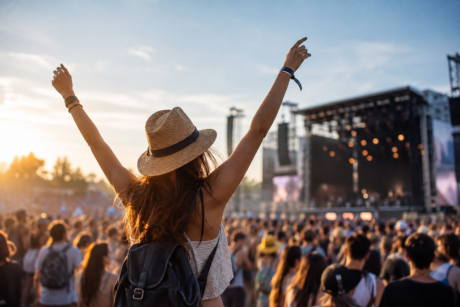 Festival-goer in a straw hat raising her arms in front of an outdoor stage at sunset