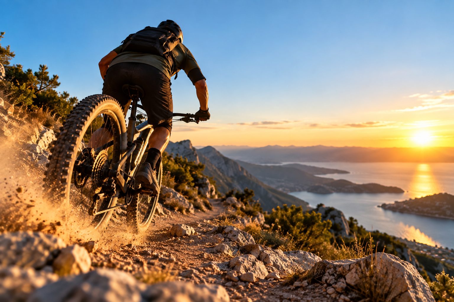 Mountain biker riding a rocky trail above the sea at sunset