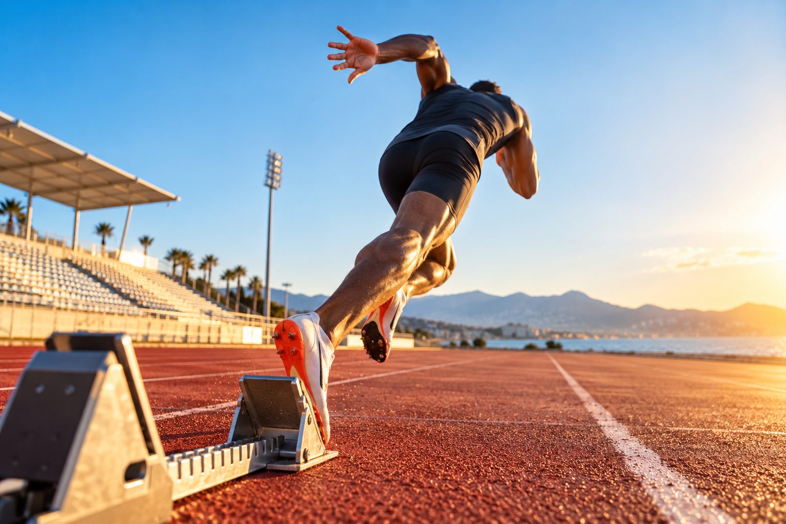 Sprinter pushing off the starting blocks on an athletics track