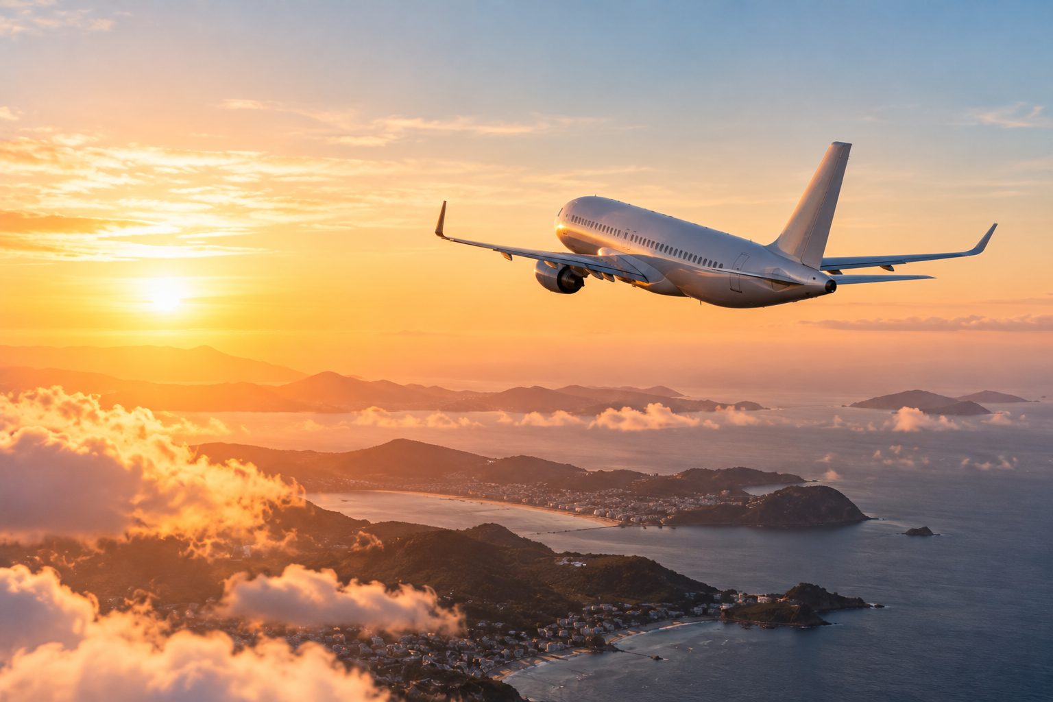Airliner flying above clouds and a coastline at sunset
