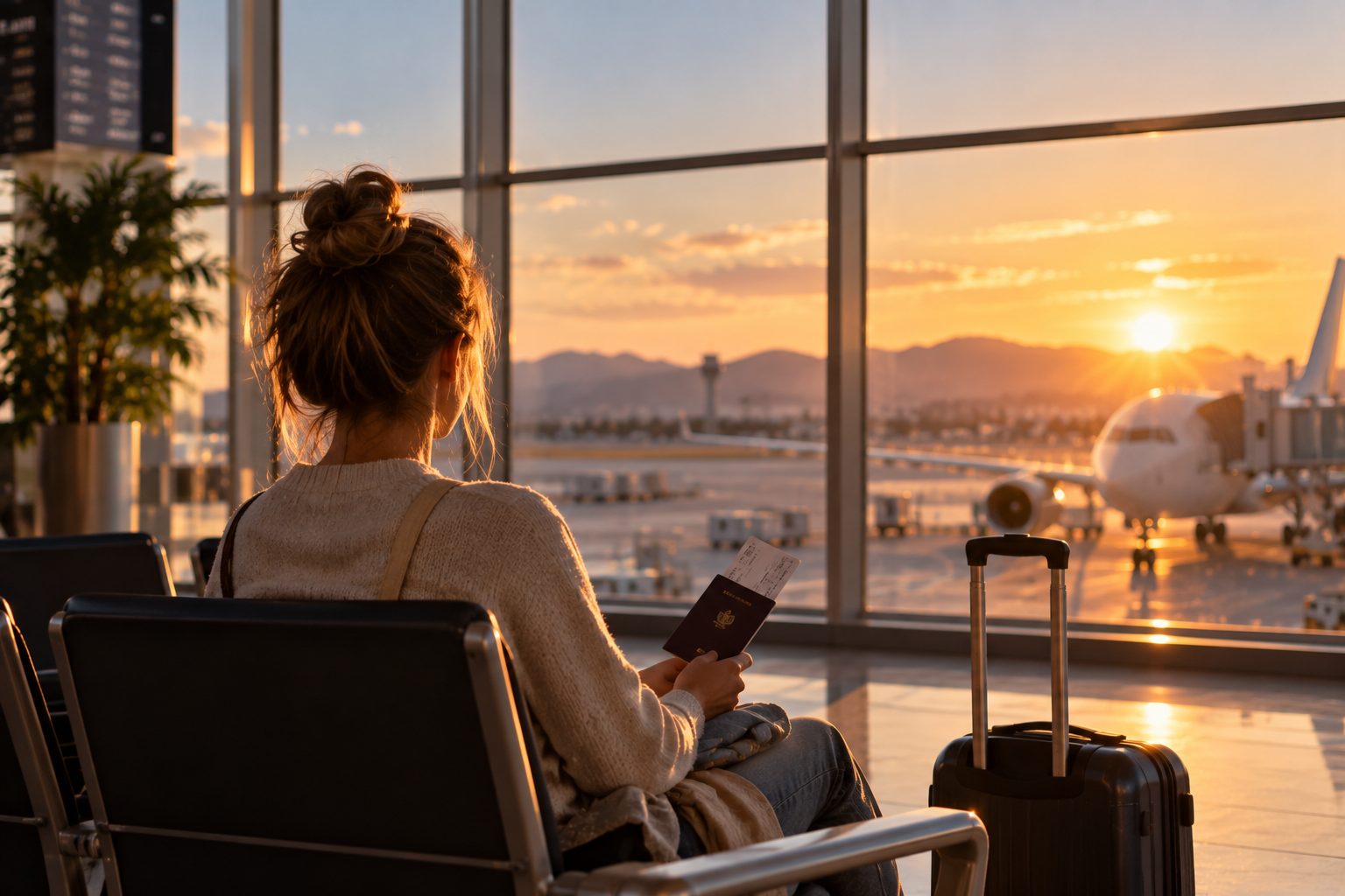 Traveller with passport and suitcase waiting at an airport gate at sunset