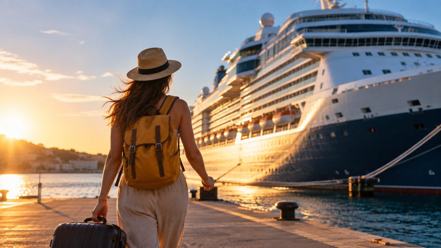 Traveller with a straw hat, backpack and suitcase walking towards a cruise ship docked at sunset