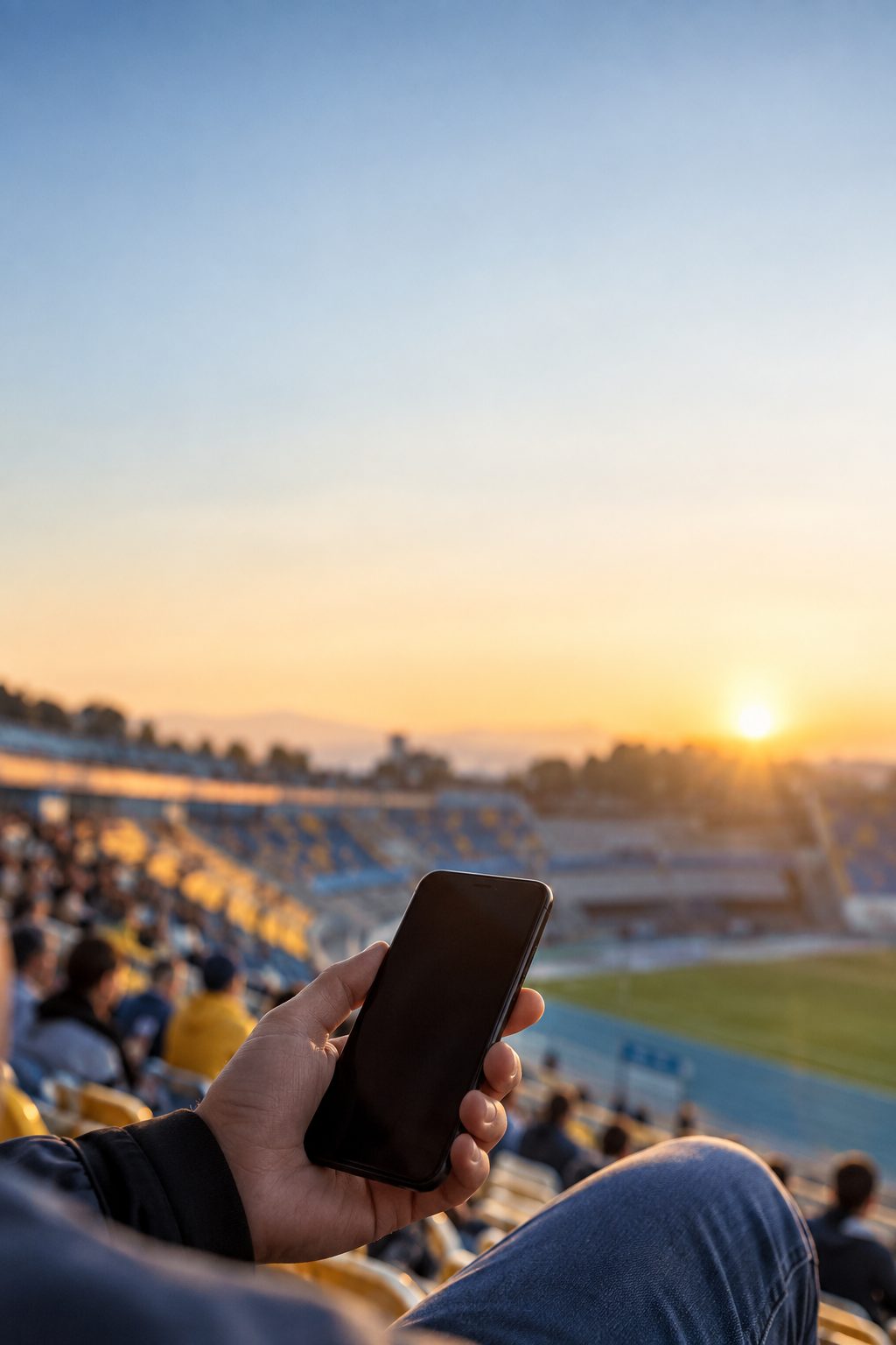 Hand holding a smartphone in a stadium stand at sunset