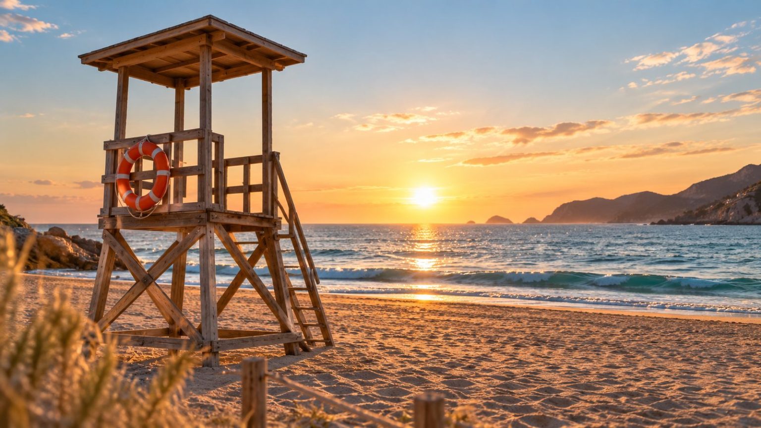 Wooden lifeguard tower with an orange lifebuoy on a beach at sunset
