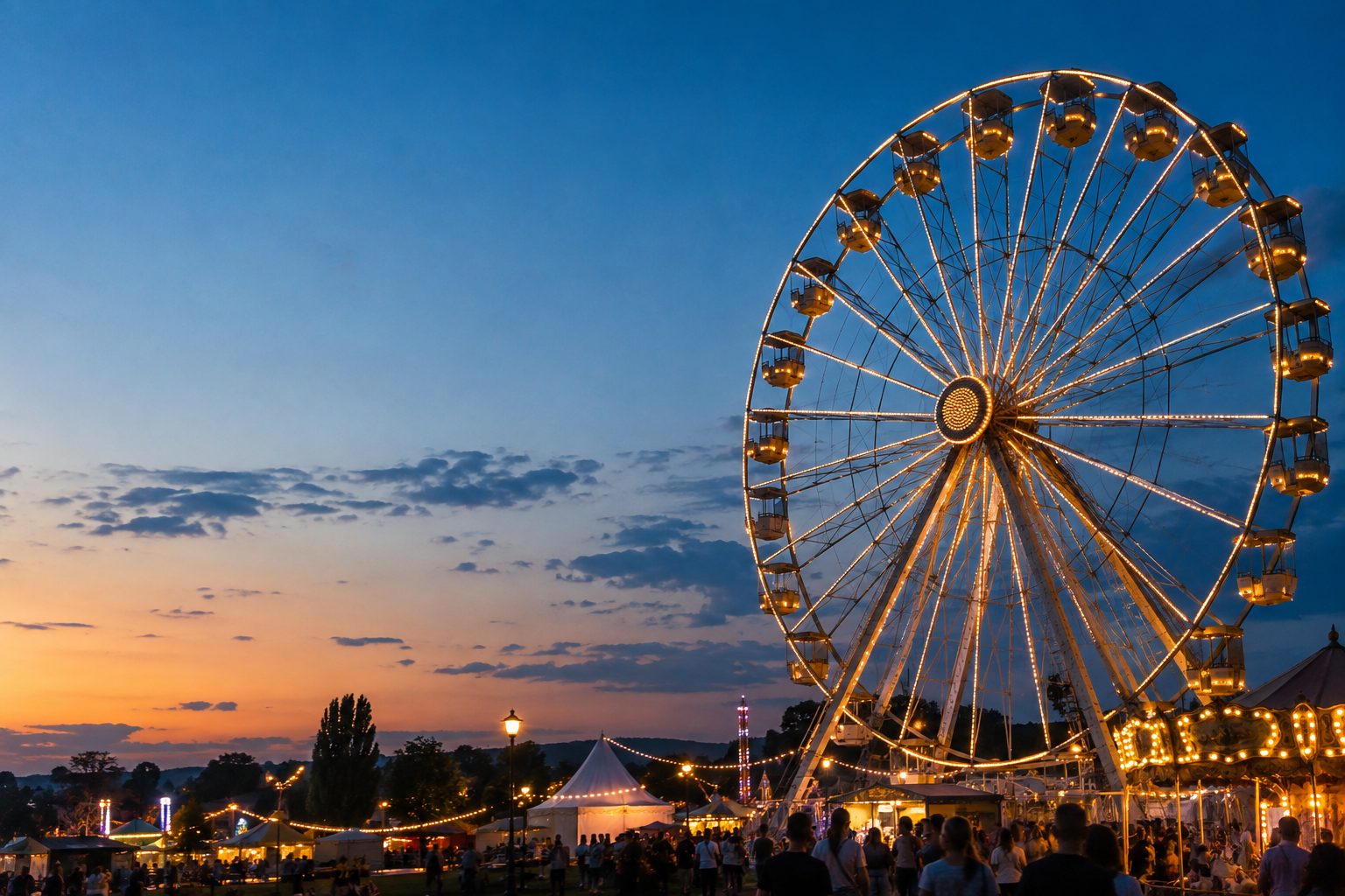 Illuminated Ferris wheel at a fairground at dusk