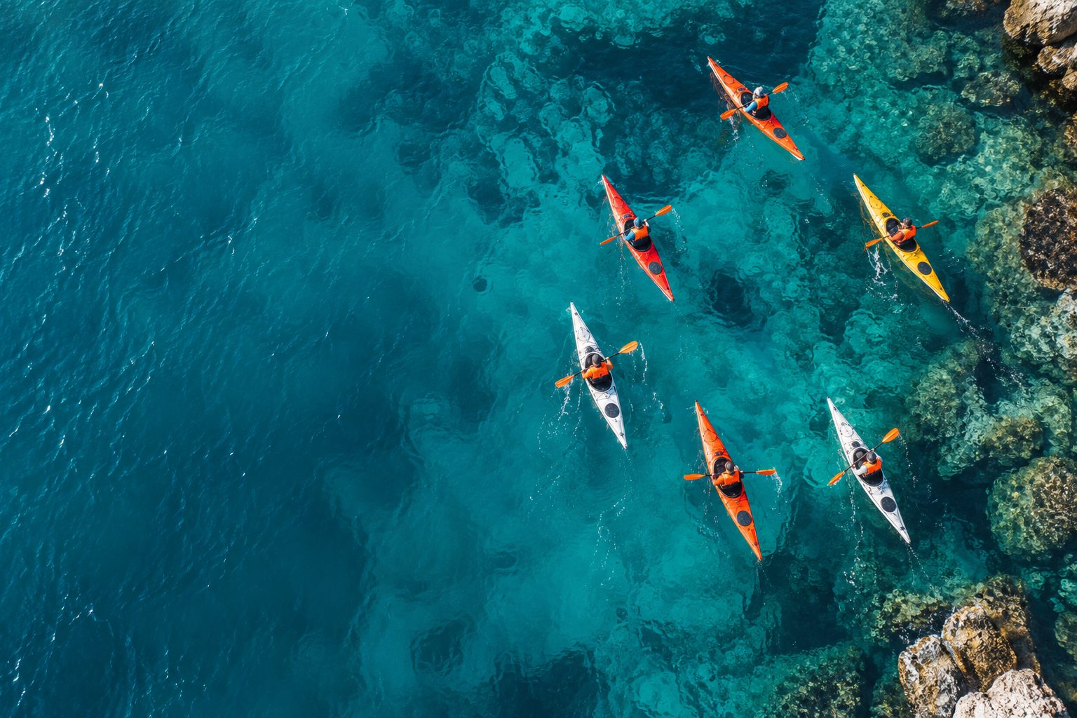 Aerial view of colourful sea kayaks on turquoise water