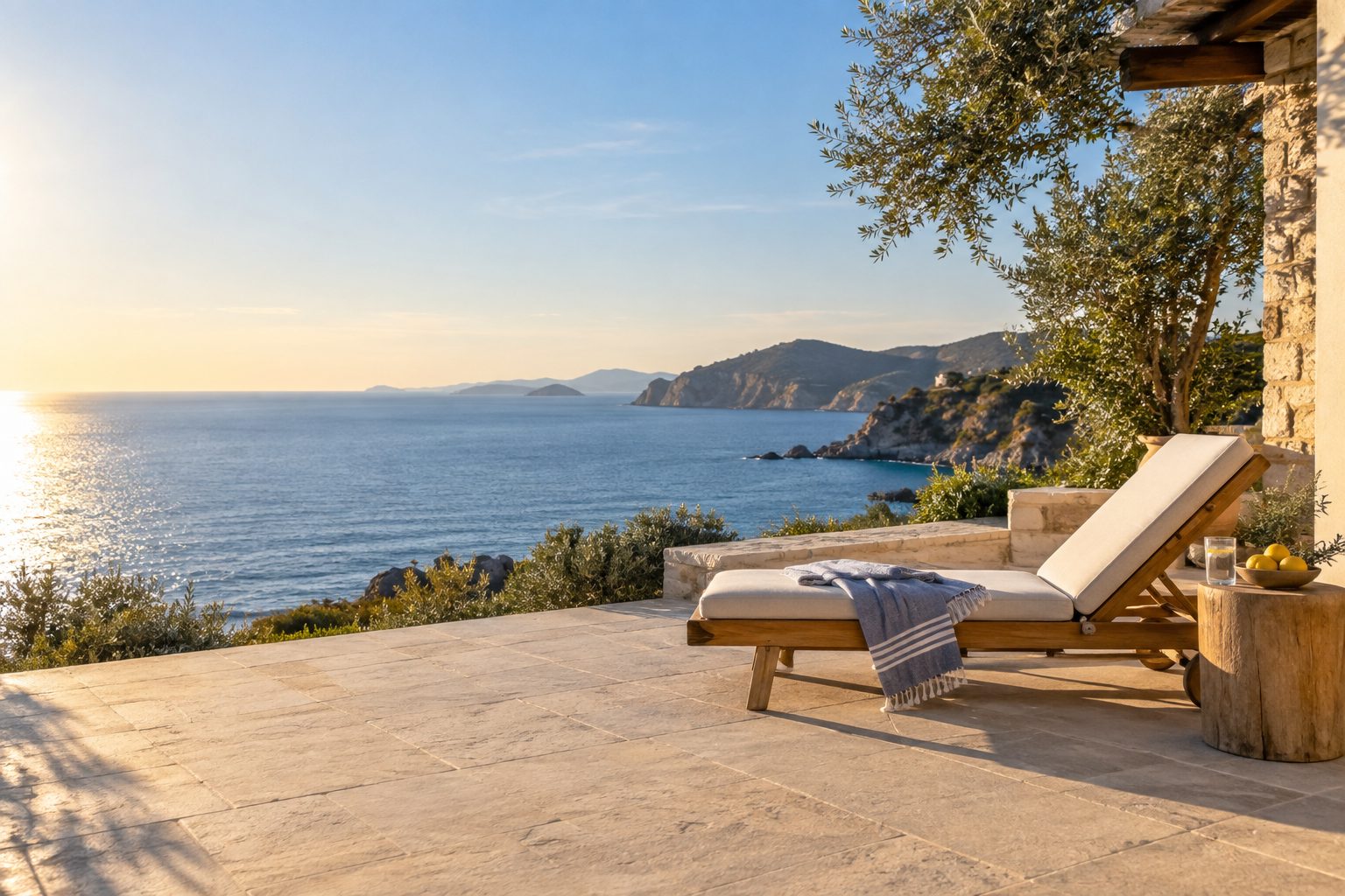 Sun lounger on a stone terrace overlooking the Mediterranean coast