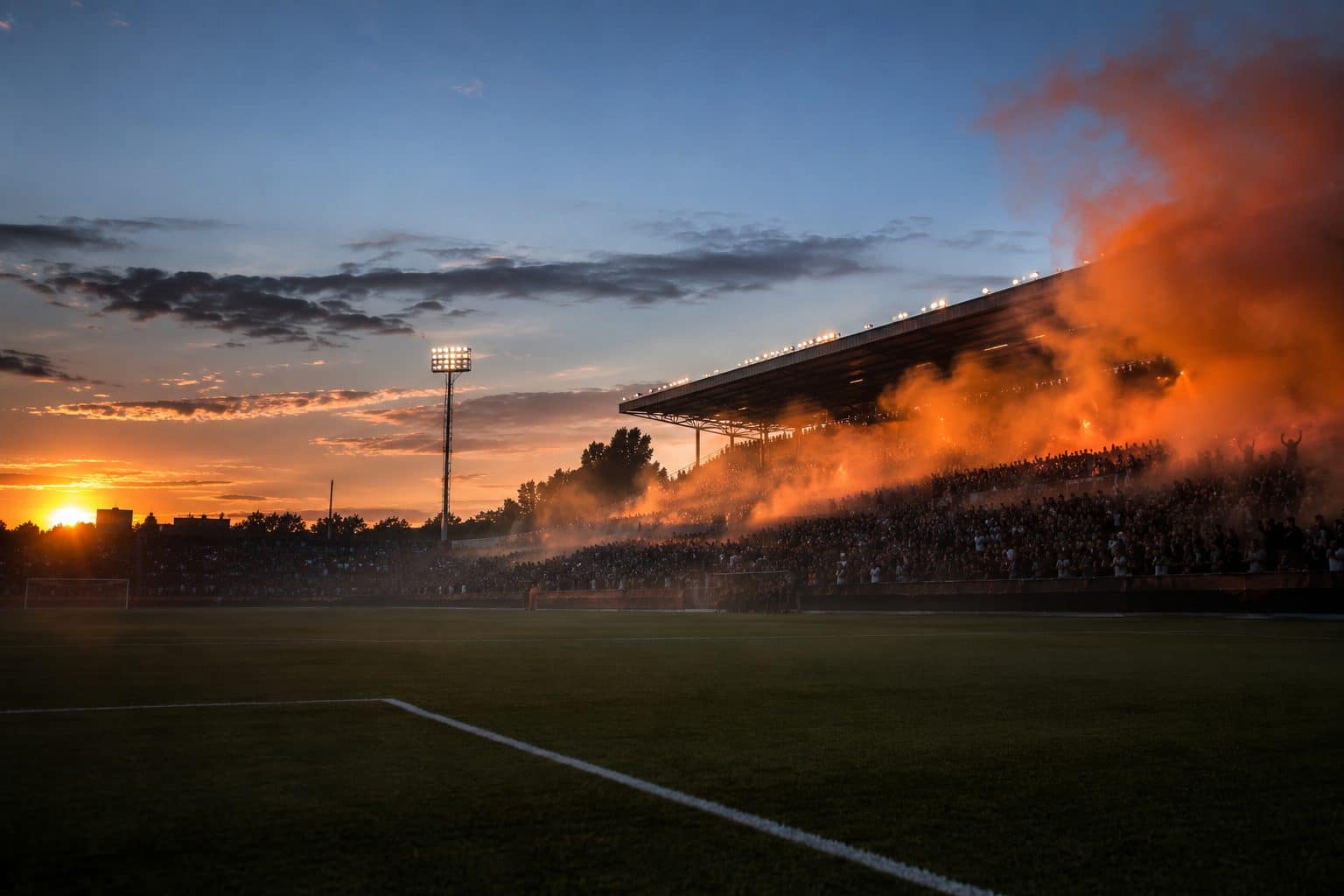 Stadium crowd with orange smoke flares at sunset