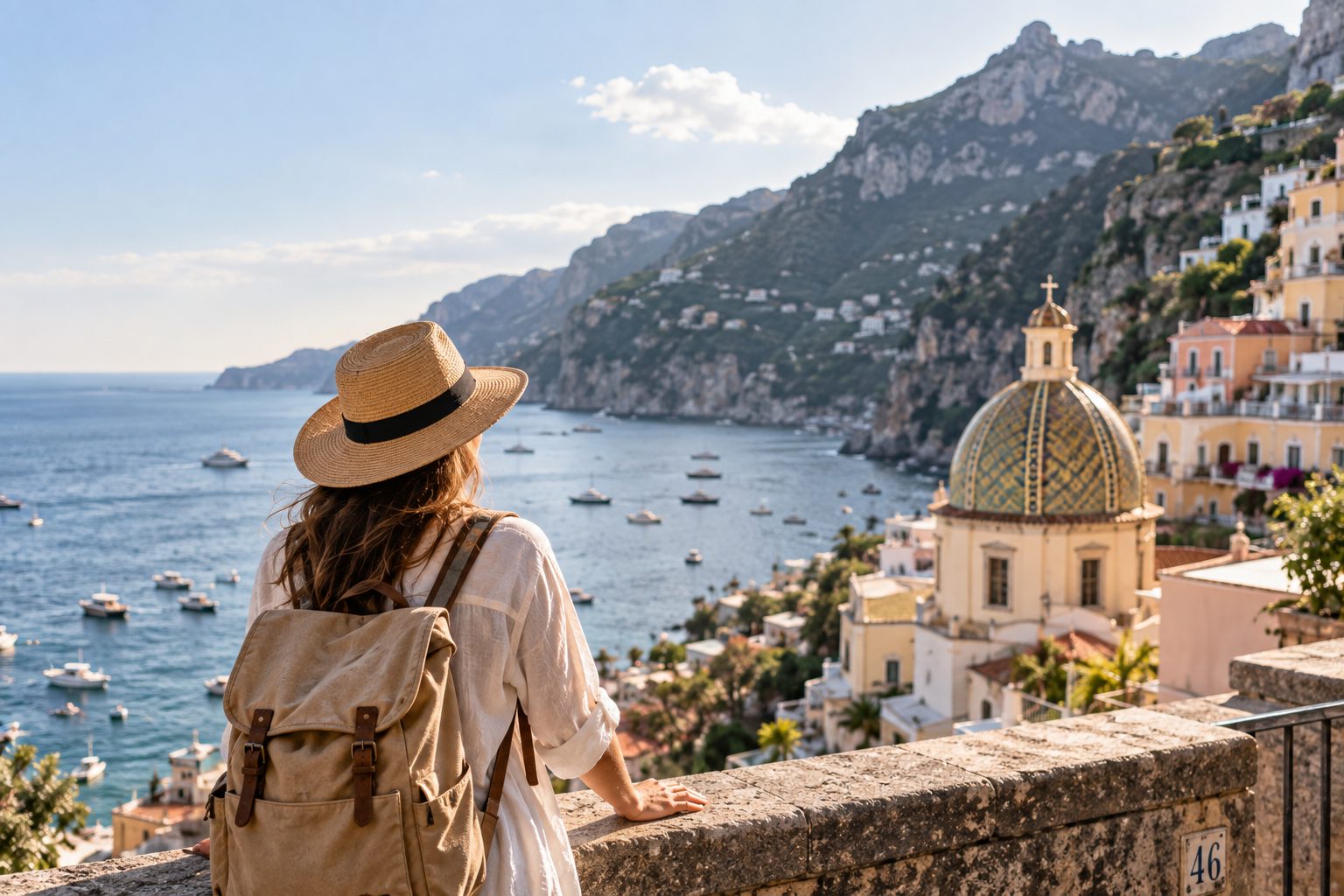 Traveller in a straw hat looking out over a Mediterranean coastal village and its bay