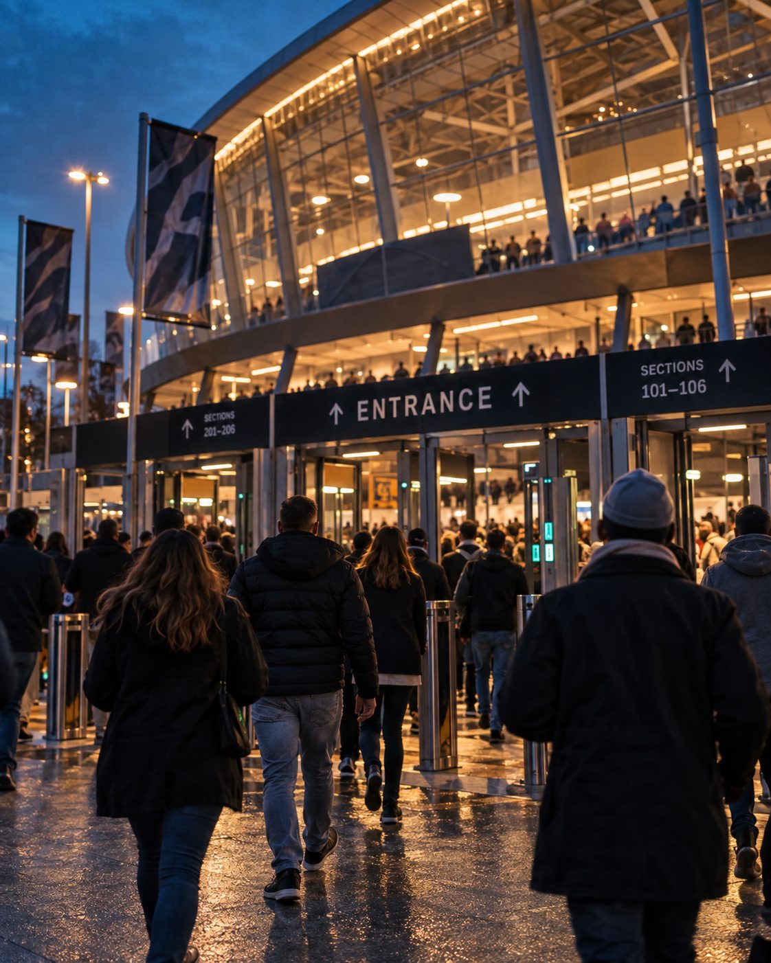 Crowd walking through the lit entrance gates of a stadium at dusk