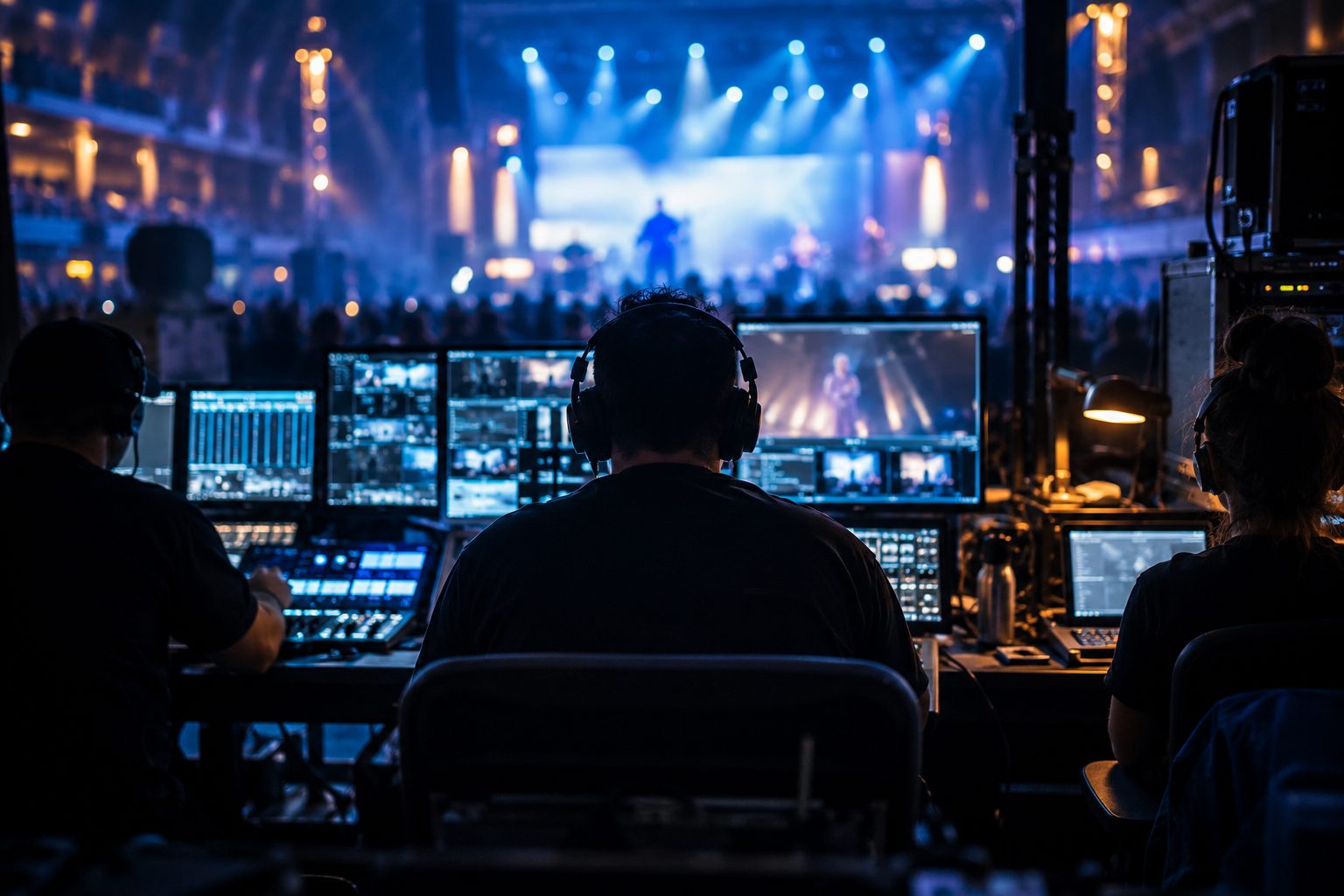 Production crew at a control desk facing a concert stage